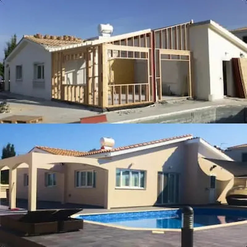 A steel frame house during and after construction