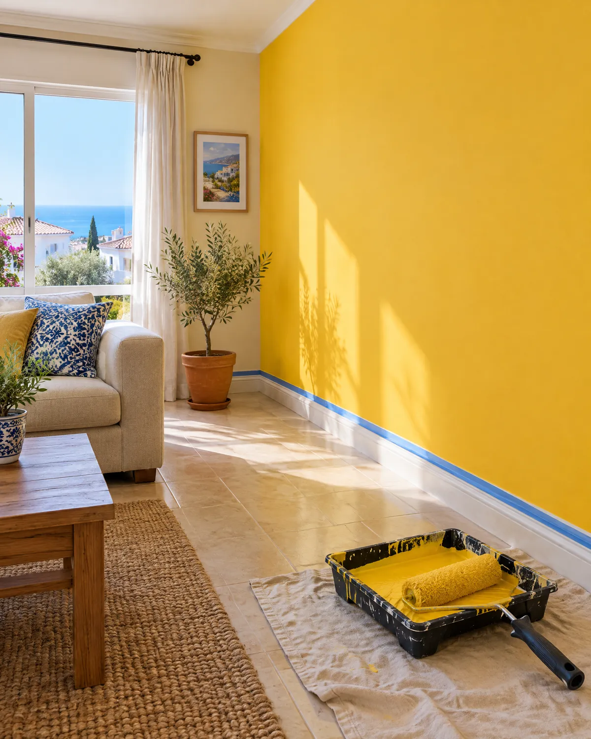 A freshly painted sunflower yellow wall with a roller and tray